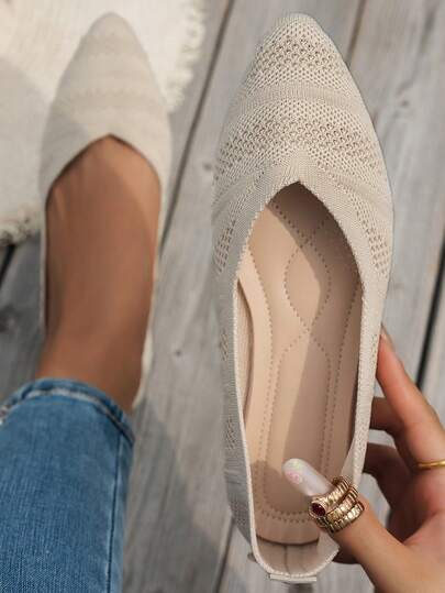 女士时尚尖头针织平底鞋，纯色休闲一脚蹬百搭乐福鞋