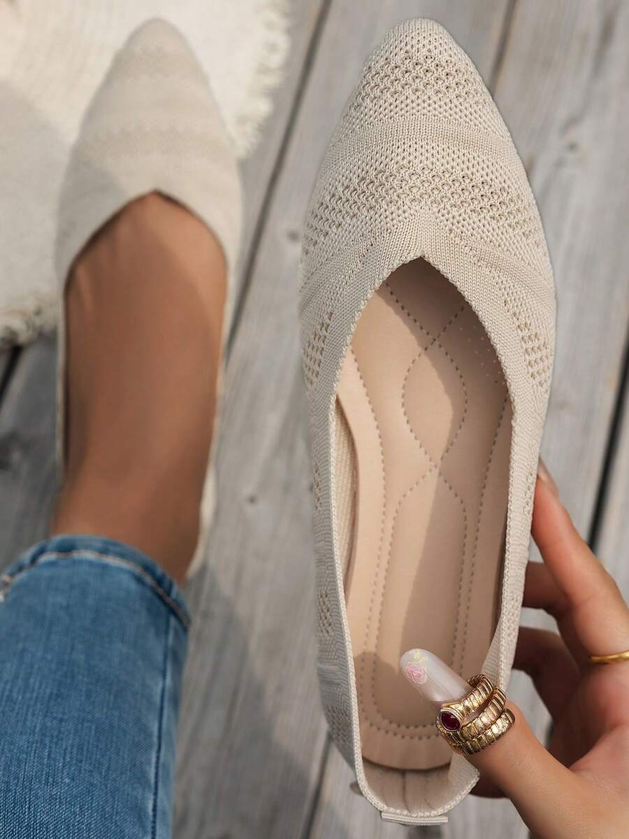 女士时尚尖头针织平底鞋，纯色休闲一脚蹬百搭乐福鞋