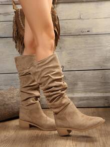 卡其色西式褶皱过膝绒面革靴子，一脚蹬设计，舒适透气的粗跟鞋，优雅百搭的秋冬女靴 - 卡其色 - 查看 8