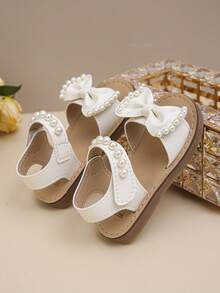 Girls' Fashion Adorable Big Bow Pearl Decor Outdoor Flat Sandals, Soft & Comfortable - Beige - View 7