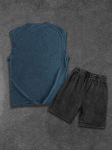Bộ đồ nam gồm áo tank top và quần short trơn, kiểu dáng vintage đã qua xử lý giặt. - Màu xanh lam - Xem 2