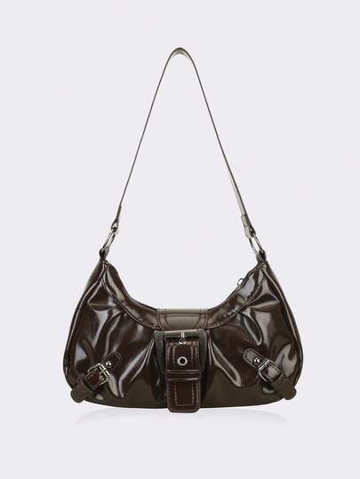 1pc Vintage Milady Distressed Soft Leather Motorcycle Bag For Women, Decorated With Rivets, Buckles, Pleats, Cloud-Shaped, Suitable For Shoulder, Crossbody Or Handheld, For Work, Commute, Date, Party, Etc., Crescent Design, Fashionable Burgundy, Inspired By Femininity