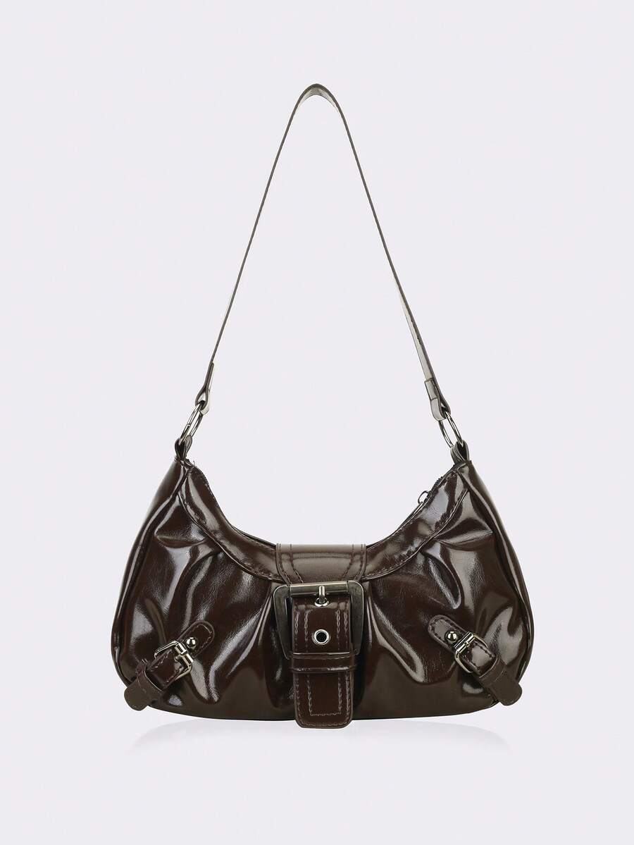 Túi xách nữ kiểu dáng cổ điển, chất liệu da mềm mại, được trang trí bằng đinh tán, khóa cài, xếp ly, hình dáng đám mây, thích hợp đeo vai, đeo chéo hoặc xách tay, dùng cho công sở, đi làm, hẹn hò, dự tiệc, v.v., thiết kế hình lưỡi liềm, màu đỏ tía thời trang, lấy cảm hứng từ sự nữ tính. - Cà phê nâu - Xem 1