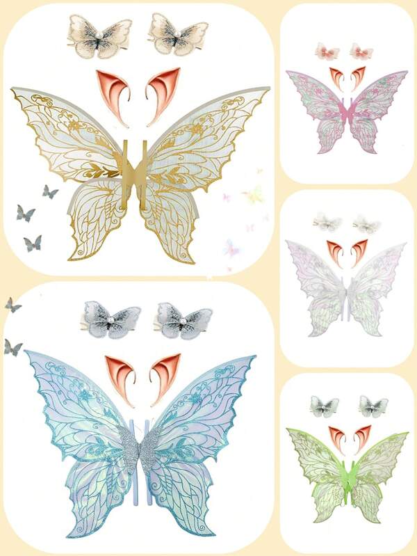 5PCS Gold Relief Fairy Wings, Fairy Ears, And Butterfly Pearl Hairpins. Organza Wings Are The Ideal Choice For Girls And Women At Parties, Festivals, Carnivals, Concerts, Easter Celebrations And Fairy-Tale-Themed Cosplay Events.