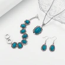 Un conjunto de cuatro piezas de pendientes ovalados grandes de aleación con estilo bohemio, un collar y una pulsera. Juego de cuatro pendientes con estilo occidental para mujer, adecuado para reuniones diarias