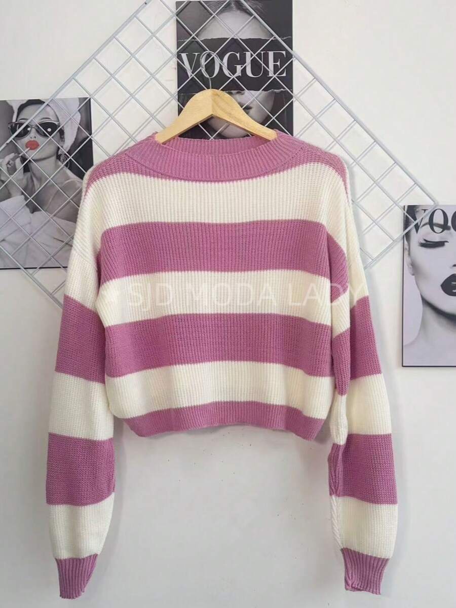 SJD MODA LADY Striped Sweater Knit Modal Off Shoulder Super Autumn Winter Korean Style Best Fabric - Sọc hồng nhạt - Xem 1