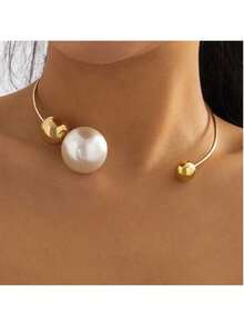 1 件仿珍珠颈链，时尚优雅百搭性感，适合派对、海滩、日常休闲装、节日礼物（手工制作，公差 1-3 厘米） - 金色 - 查看 1