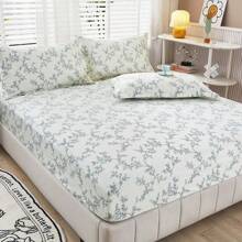 3pcs Floral Print Fitted Sheet And Pillowcase Set(1 Fitted Sheet And 2 Pillowcases, No Pillow Inserts),Breathable All-Season Bedding Mattress Protectors With Woven Flower Pattern, Machine Washable Sheets With Pillowcases
