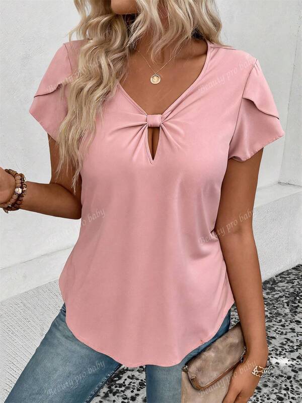 Camisa de manga corta de cuello redondo con cordón, de color liso y casual, de alta calidad, simple y versátil