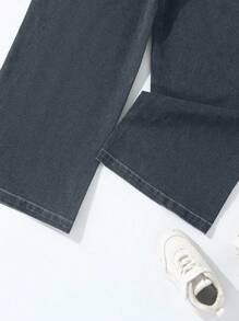 Teens Girls Casual Ruffle Waist Straight Leg Wide Leg Jeans, Suitable For All Seasons - Dark Grey - View 4