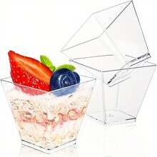 10/25/50/100/200 Piezas, 2 oz/60 ML Tazas de postre de plástico mini con cucharas, tazones pequeños cuadrados brillantes transparentes para pudin de plátano, para servir y probar aperitivos en fiestas de cumpleaños y bodas, dorado y transparente