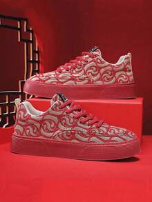 Giày thể thao nam bền chắc, chống trượt, họa tiết ngẫu nhiên, chất liệu vải canvas thoáng khí, thiết kế mới năm 2025. - Đỏ - Xem 4