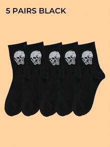 多双男士骷髅与魔鬼图案中筒袜，黑白相间，时尚百搭，柔软舒适，吸湿排汗，适合秋季穿着