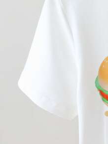 Conjunto de camiseta de manga corta con cuello redondo y estampado de hamburguesa lindo, y pantalones cortos con estampado de cuadros para niñas