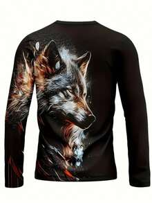 Comoda maglietta a girocollo con stampa integrale di lupo vivace - Moda uomo, stampa a motivo casual per uso quotidiano, all'aperto e attività domestiche, autunno
