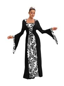 Bestseller mode femme européenne et américaine pour dîner, robe ample à capuche médiévale, cravate imprimée rétro artistique à manches longues, taille cintrée pour Halloween