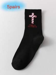 1/2/5/10 Pairs Cross Print Solid Black/White Unisex Sports Socks, Suitable For Outdoor, Cycling, Running, Yoga, Basketball, Versatile All Season Mid-Calf Socks