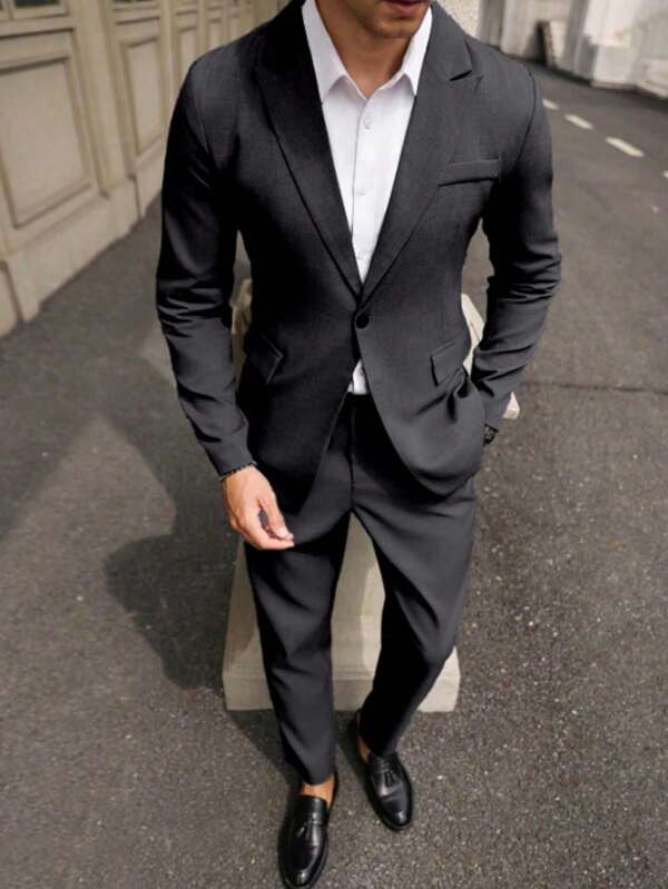 Men's Casual Solid Color Suit Set, Including Jacket And Pants