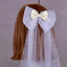 Custom Eternal Elegant Bridal Headpiece With Bow And Veil, Pearl Bow Hair Clip Tulle Veil Headband, Multiple Color Options, White Sheer Clip-On Wedding Accessories Suitable For Brides, Bridesmaids, Graduations And Bridal Parties