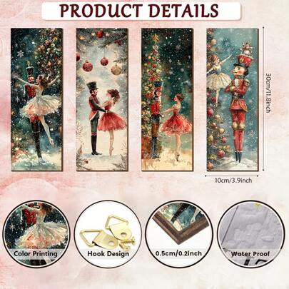 Set Of 4 Vintage Nutcracker Soldier Wall Hanging Decor, Scenery Theme Wood Mural, Multi-Purpose Home, Bedroom, Office Party Decoration With English Text, Winter Series, Ideal Gift For Friends And Family