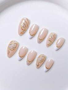 10pcs Handmade Autumn Nail Stickers, Short Nails, Almond Shape Nails, French Manicure, Gold Nails, White Nails, Pink Nails, Cute Nails, Handcrafted Gel, Decorated With Gold Butterfly Texture And Tripartite Texture, Asymmetric 3D Gold Edge French Manicure Nail Stickers, Gold Bow Decor On Nail Surface, Includes Nail Tools, Reusable Short Nail Stickers. - Gold - View 6