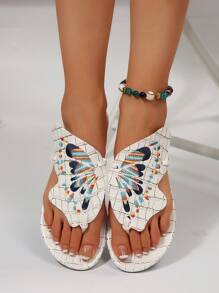 New Women Flat Sandals, Summer Thong Sandals With White Leather Upper Butterfly Decor, Fashionable Outdoor Slippers