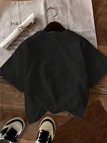 Men'S Casual Crew Neck T-Shirt With Vibrant Apple &Amp; Caterpillar Design - Black Cotton, Short Sleeve, All-Season Wear, Casual Attire|Playful Graphic Tee|Knit Construction - màu đen - Xem 2