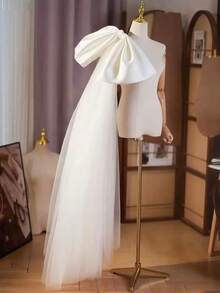 1件缎面露背蝴蝶结尾饰薄纱丝带装饰，多色，适用于婚纱、舞会礼服、晚礼服、洛丽塔服装、休闲涤纶情人节配饰