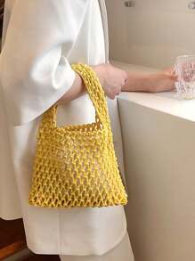 1pc Bohemian Style Woven Tote Bag, Striped Woven Handbag, Beach Bag, Casual Versatile Hollow Woven Handbag, Beach Bag