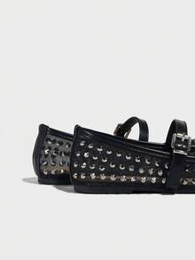 Black Crystal Hollow Out Thin Mesh Summer Ballet Flats With Rhinestone, Breathable, Suitable For Dress - Black - View 10