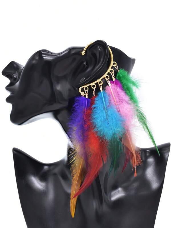 1 pezzo Orecchini donna multicolori retrò a lunga nappa di piume, orecchini eleganti in stile bohémien adatti per uso quotidiano