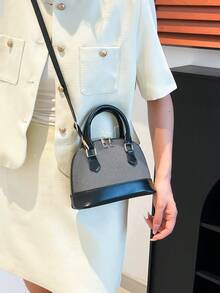 绗缝双提手圆顶包，简约设计拉链单肩包，纯色PU皮革斜挎包，便携式手提包