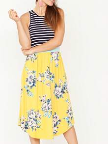 Boho Vintage Magenta Ivory Coral Pink Yellow Stripe  Band Trim Midi  Swing Southern Dress | Small-3 XL Plus - 芥末黃 - 查看 2