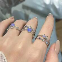 3pcs Fashion Jewelry Luxurious Multilayer Rhinestone Heart & Flower Stackable Open Ring, Suitable For Women's Daily Wear