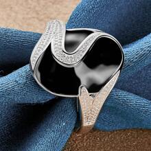 1 pieza Anillo plateado de plata esterlina 925 vintage con incrustaciones de pintura negra para mujer, joyería de moda, accesorios creativos para fiestas de moda y uso diario