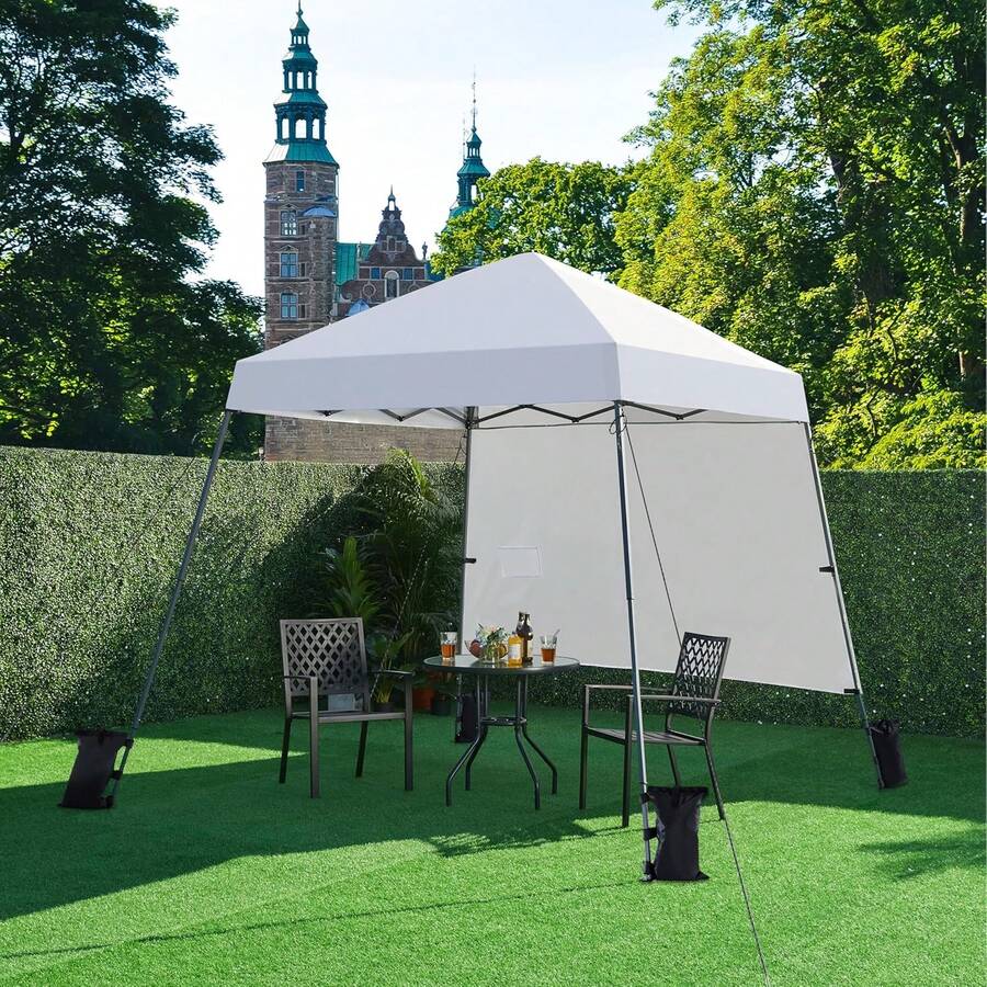 Pop Up Canopy Tent With Backpack, 8x8 Base Portable Easy One Person Setup Folding Shelter Compact Lightweight Slant Leg Canopy With 1 Sidewall, 6x6 Top, White - Black and White - View 1