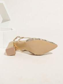 Gold Sequin Pointed Toe Backless Chunky Heel Pumps For Women