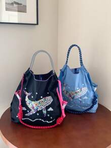Bohemian Women's Shoulder Bag Embroidered Pattern Nylon Bag Large Capacity Cloth Bag Lightweight Foldable Storage Bag Commuter Bag Fashion Bag Travel Bag Large Capacity Tote