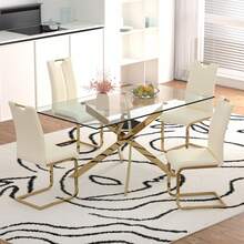 Sumdeal 63" Glass Dining Table Set For 4,Sumdeal 63" Glass Dining Table Set For6,Silver/Gold Base Dining Room Table With 4/6 Silver/Golden Leg C Shape Chairs,63" Modern Glass Dining Table With Gold/Silver Leg - 1張桌子和4張米色金腿椅子 - 查看 1