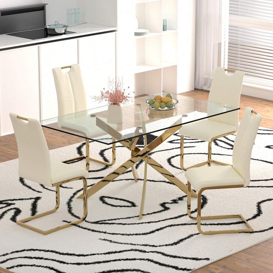 Sumdeal 63" Glass Dining Table Set For 4,Sumdeal 63" Glass Dining Table Set For6,Silver/Gold Base Dining Room Table With 4/6 Silver/Golden Leg C Shape Chairs,63" Modern Glass Dining Table With Gold/Silver Leg - 1張桌子和4張米色金腿椅子 - 查看 1