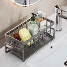 1 Stück 23*9*10cm Anti-Rost Edelstahl Schwamm Aufbewahrungsbox, Multifunktion, wasserdicht, Metall Küchenorganizer Regal mit abnehmbarem Geschirrtuchhalter, Bürstenhalter, Seifenspender, geeignet für Haushaltsspüle und Abtropfkorb, Schrank, Outdoor Lagerung Rack, stilvoller Küchenorganizer