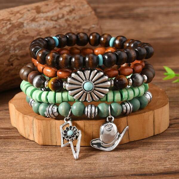 5pcs/Set Men's Summer New Bohemian Style Beaded Bracelets - Vintage Floral Cowboy Hat Accessories - Suitable For Daily Wear