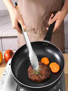 1pc Stainless Steel & Wooden Food Tongs, BBQ Tongs, Kitchen Tongs, Korean BBQ Tongs, Wooden Handle Steak Tongs, Extra Long Cooking Food Tongs, For Home, Outdoor, Picnic, Hotel, Kitchen Utensils, Gourmet, Household