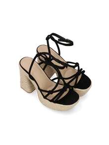 Jute Heeled Sandal With Crisscross Straps For Women, Available In Black, Beige, Gold And Purple, Square Heel, Provides A Handcrafted And Summery Touch, Ideal For Fresh And Casual Looks, Excellent Comfort - 黑色 - 查看 3