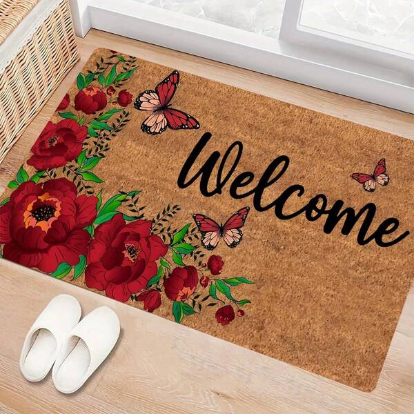 1 PIEZA Felpudo de bienvenida con diseño de mariposa y peonía - Antideslizante, fácil de limpiar, felpudo de baño con vibrantes patrones de flores y mariposas, accesorios de baño, perfecto para la decoración de la entrada de la sala de estar o el dormitorio, decoración de la habitación, decoración de la sala de estar, felpudo, decoración de entrada, decoración de baño, decoración de cocina