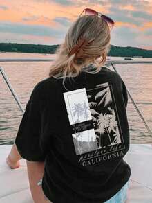 Women's Summer New Simple Slogan Print Casual Vacation Loose Fit Round Neck Apricot Short Sleeve T-Shirt, Fashionable Everyday Top, Suitable For Daily And Vacation Wear - Black - View 9