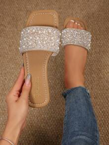 大码女式一脚蹬水钻凉鞋，休闲百搭平底户外塑料夏季拖鞋 - 棕色 - 查看 1