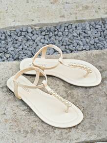 2025 Summer New Flat Flip-Flops Elegant Women's Shoes, Pearl Decor Casual Versatile Ladies Sandals, Comfortable Beach Resort Atmosphere Women Beach Shoes