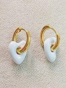 Pendientes clásicos retro desmontables con corazón para mujeres, colgante con forma de corazón simple y de moda de acero inoxidable que no se descolora, clips de oreja de color bloque, joyería de San Valentín, para mamá, madre, Día de la Madre, regalo - Multicolor - Ver 18