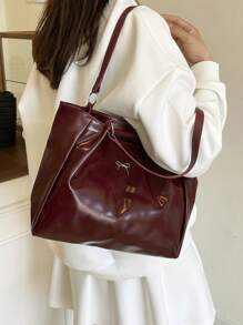 Women's Fashion Patent Leather Shoulder Bag, Butterfly Metal Decor, Lady Tote Bag For Work And Commuting